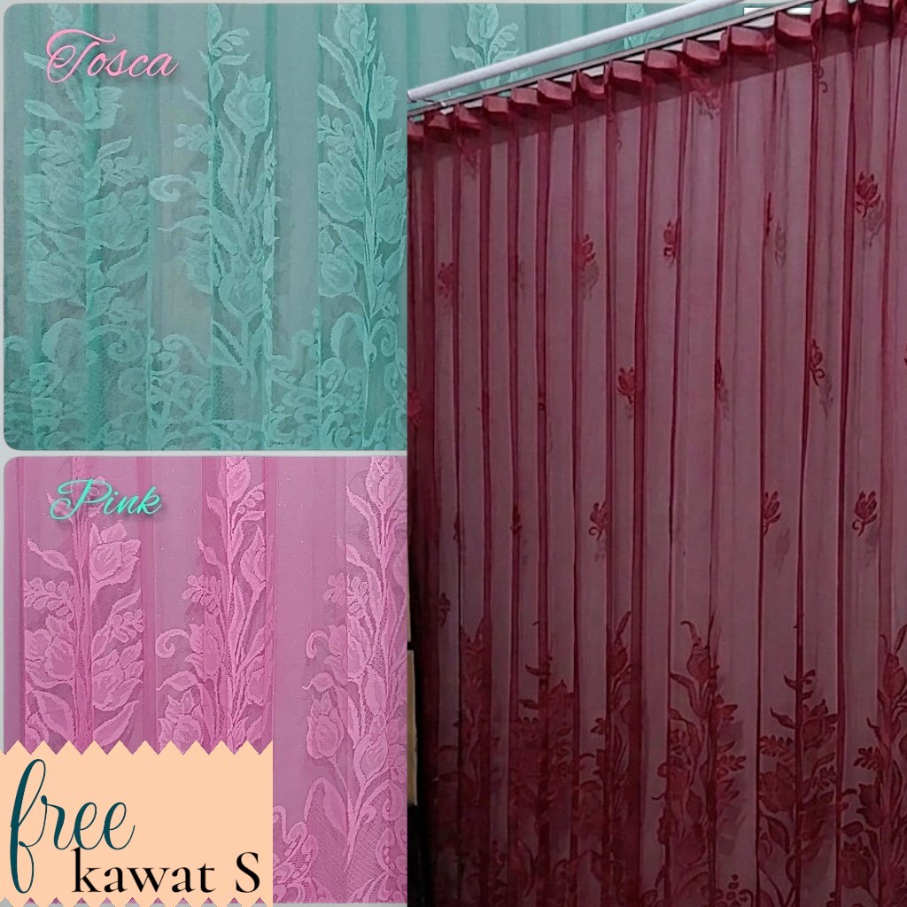 Lapisan Gorden murah/Tirai siang transparan motif bungan tulip warna hijau toska pink dan merah maro
