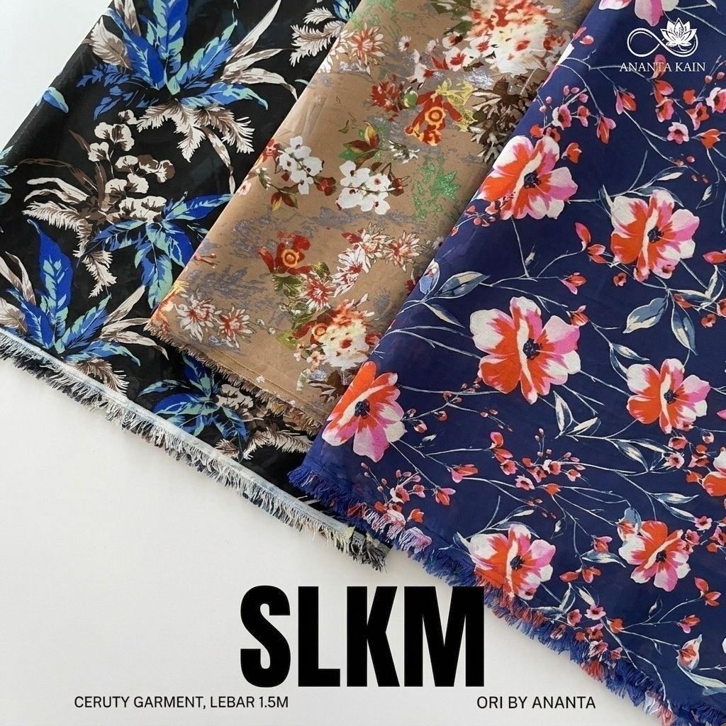 Bahan Kain Ceruty Sifon Motif Bunga Navy Oranye Lebar 1.5M - Kain Kaftan Outer Mewah