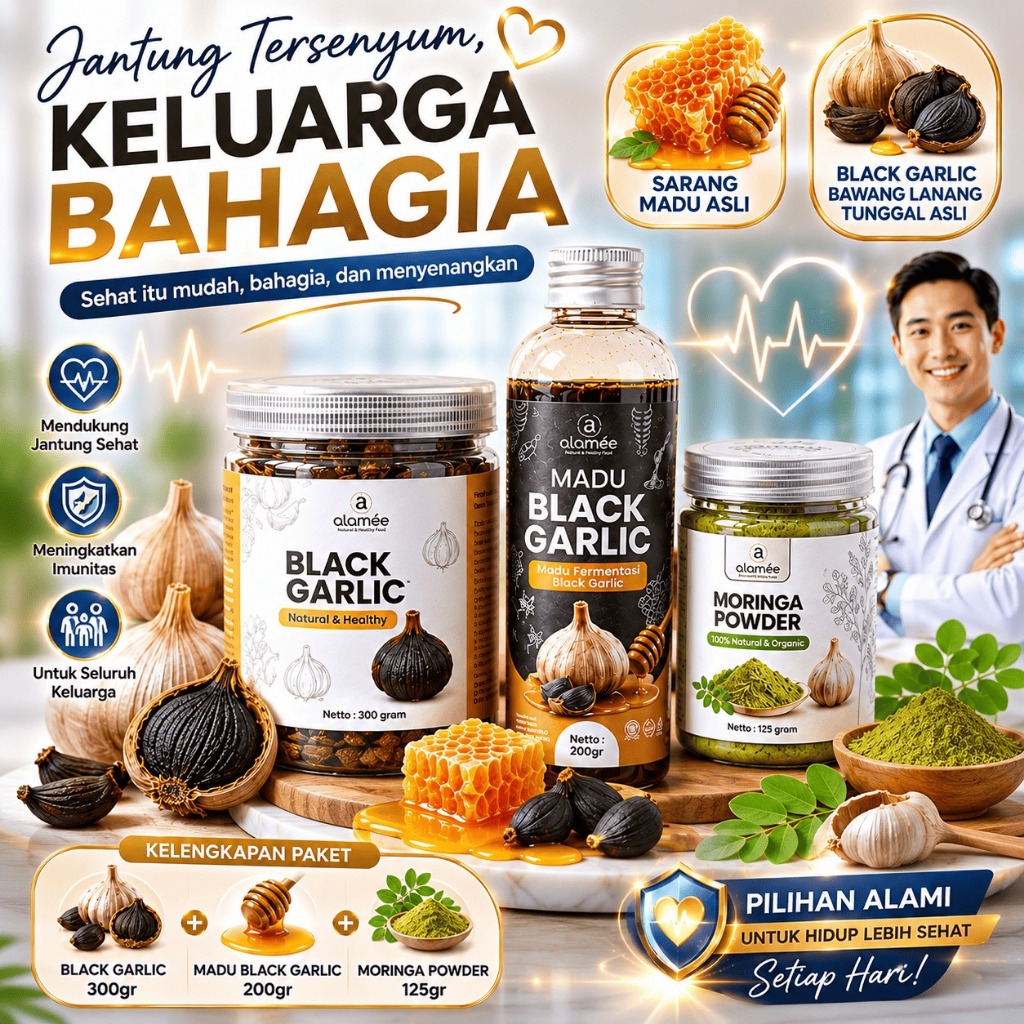ALAMEE Black Garlic Madu Bawang Hitam Tunggal Lanang Fermentasi Bubuk Kelor Moringa Powder Paket Ikh