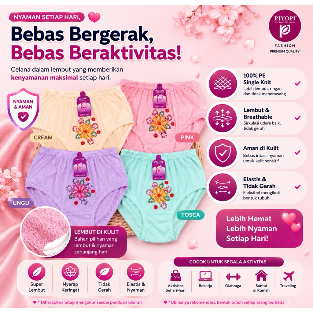 6 pcs / 12 pcs Celana Dalam Wanita Bordir Bunga 4L 3L XL L CD Wanita Ibu Hamil Jumbo Big Size Elasti