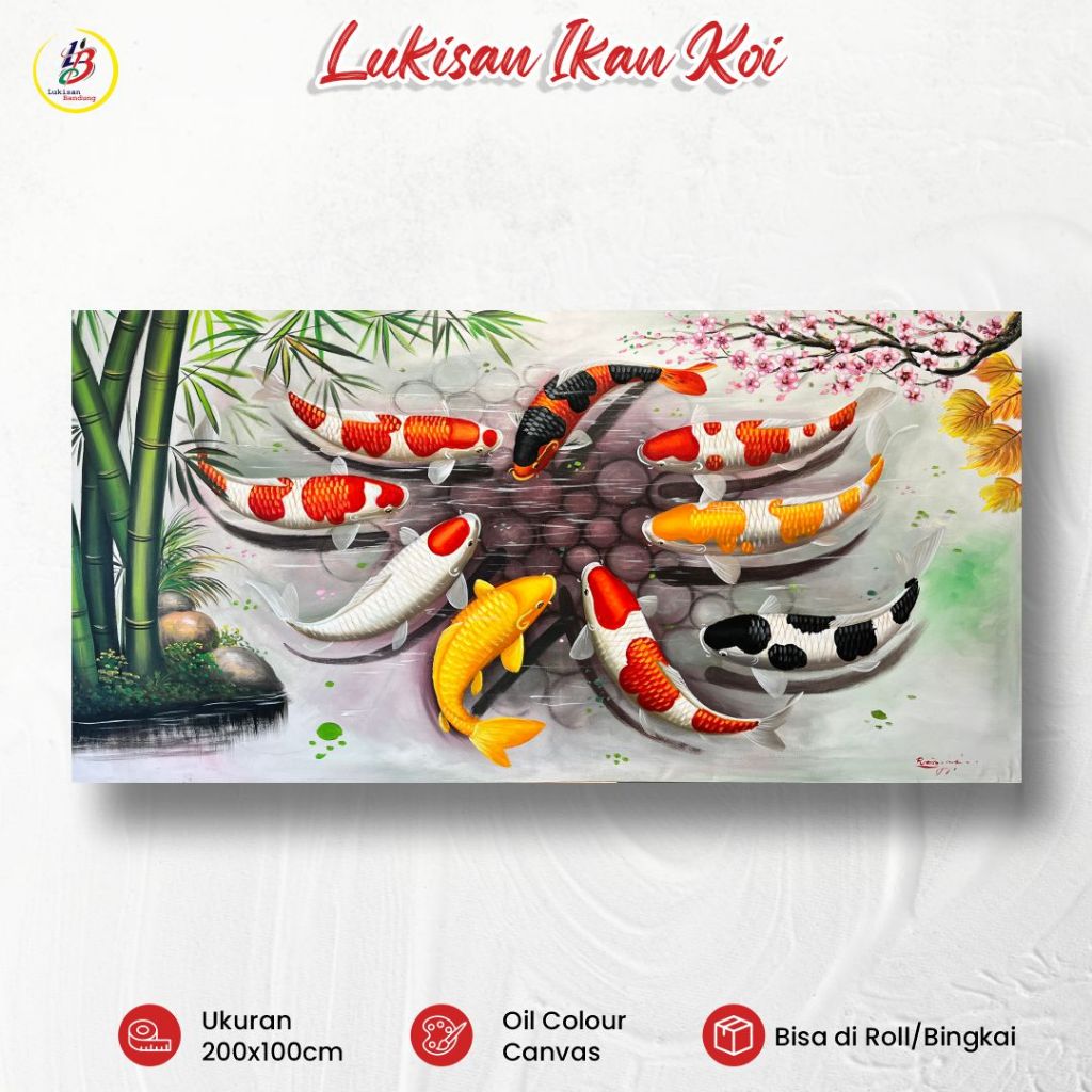Lukisan Bandung Lukisan Ikan Koi Panoramic 200x100cm Handmade Oil on Canvas