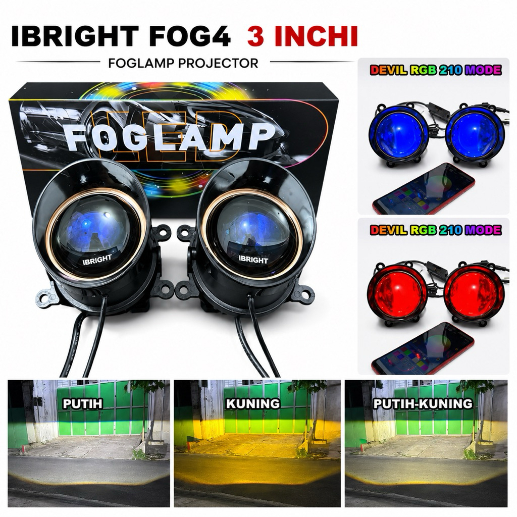 Foglamp Biled Sepasang ZE FOG 4 IBRIGHT Bluelens Lengkap Brecket Devil Rgb Apps Foglamp Mobil