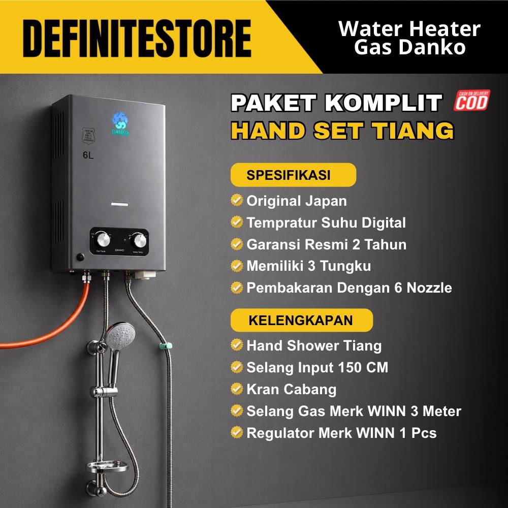 Water Heater Gas Komplit Pemanas Air Kamar Mandi Shower Set Siap Pasang