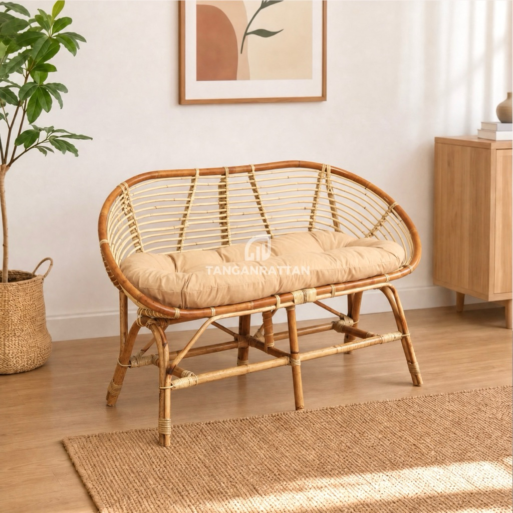 Kursi Sofa Rotan Kerang XL 2 Seater dan Bantal / Sofa Teras Ruang Tamu Rotan Asli Minimalis