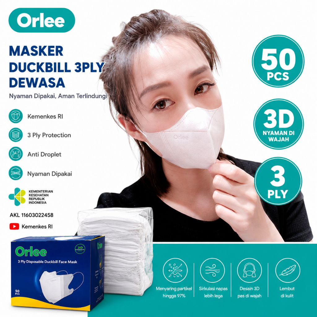 Masker Duckbill 3ply Dewasa 1 Box Isi 50 Pcs Orlee 3D Face Mask Earloop Garis Embos Original Orlee M