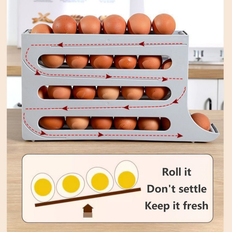 Tempat Penyimpanan Rak Telur 4 Susun Tingkat Layer Plastik Muat 30 Egg Box Storage Telur Kulkas Minimalis Otomatis Keluar Sesuai urutan FiFo wadah telor ayam menggelinding meluncur Bergulir Otomatis hemat ruang ramping slim organizer dapur estetik praktis