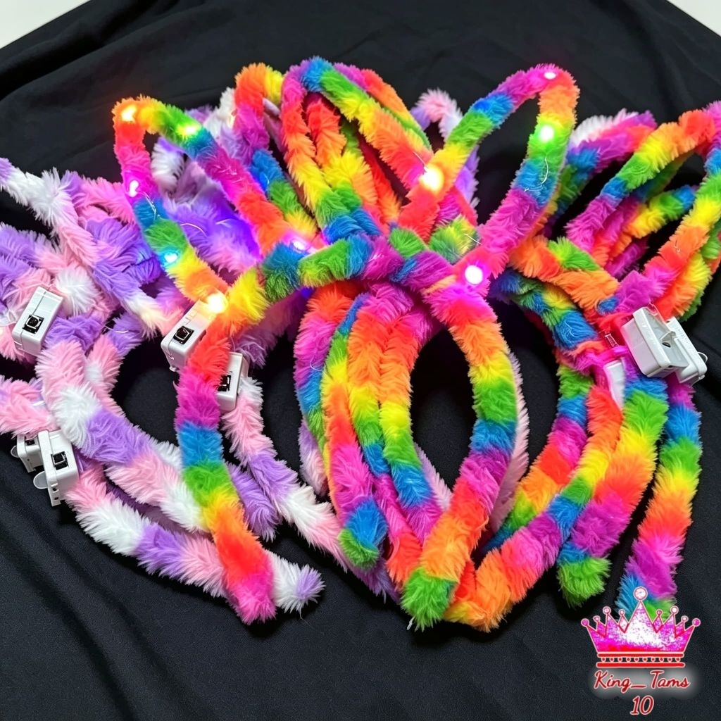 12PCS Bando Kelinci Bulu Rainbow LED Bando Kuping Nyala Lusinan
