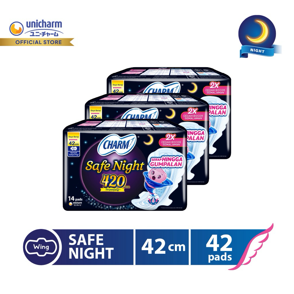 Charm Pembalut Safe Night 42cm Gather 14 pads - 3 packs