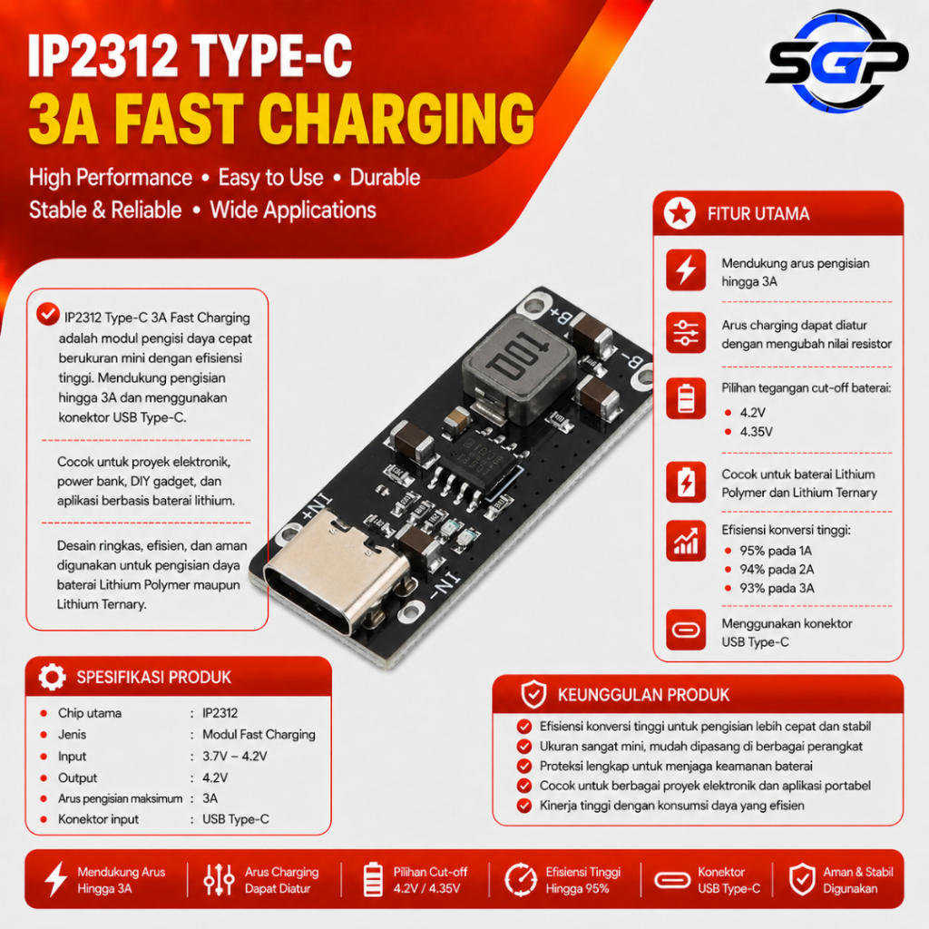 Modul Fast Charging IP2312 USB TYPE C 3A Polymer Ternary Lithium Battery 18650 Modul IP2312 Charger 