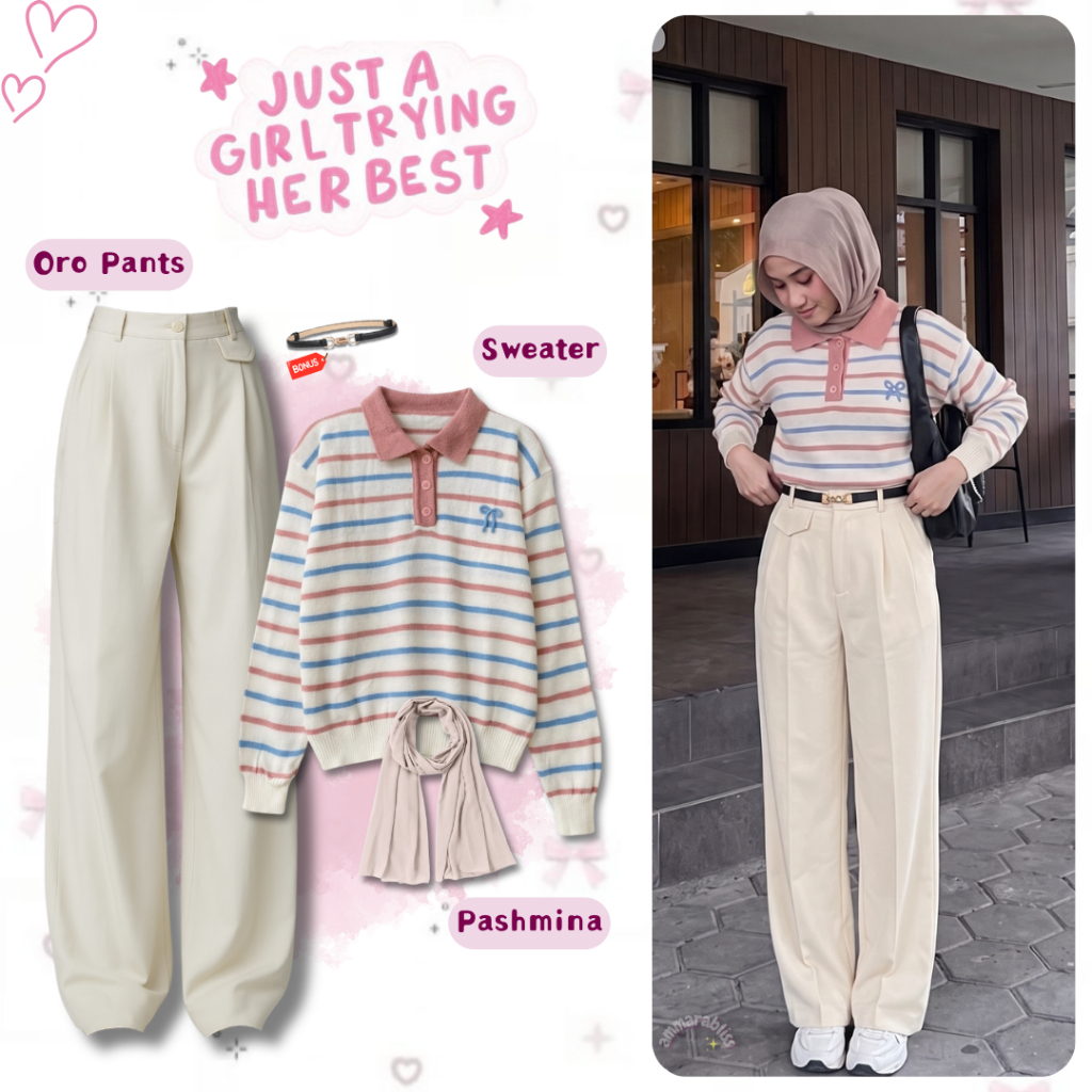 Oneset Strip 3in1 ( Kana Maudy Polo Sweater Pita Pink Hanasita + Celana Oro Semiwool Ivory + Pasmina