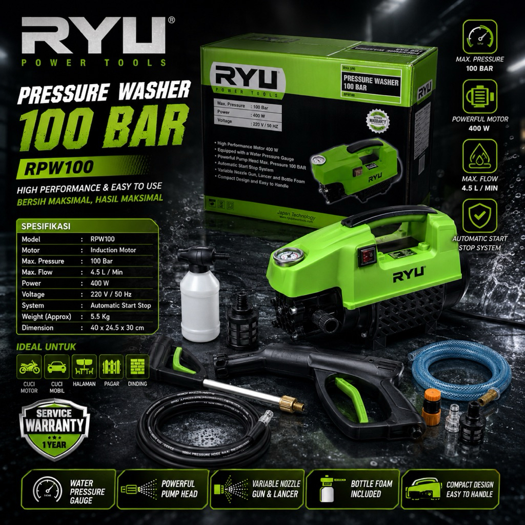 Jet cleaner RYU RPW100 100BAR/ Mesin cuci mobil Ryu rpw100/ mesin steam cuci mptor ryu