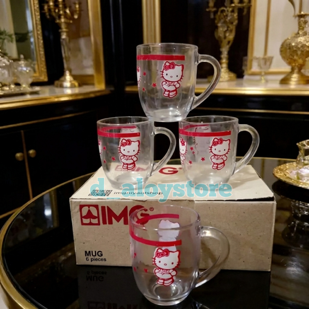 Gelas kaca Gelas gagang kopi Motif Hello Kity 6pcs
