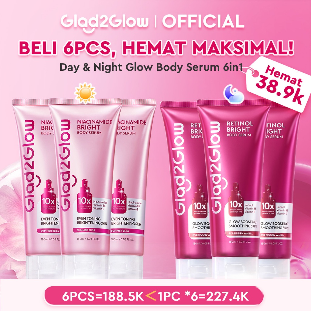 [Beli 6, 31K/PC]GLAD2GLOW NIACINAMIDE/RETINOL BRIGHT BODY SERUM BODY LOTION 10X Cerah Instant Absorb