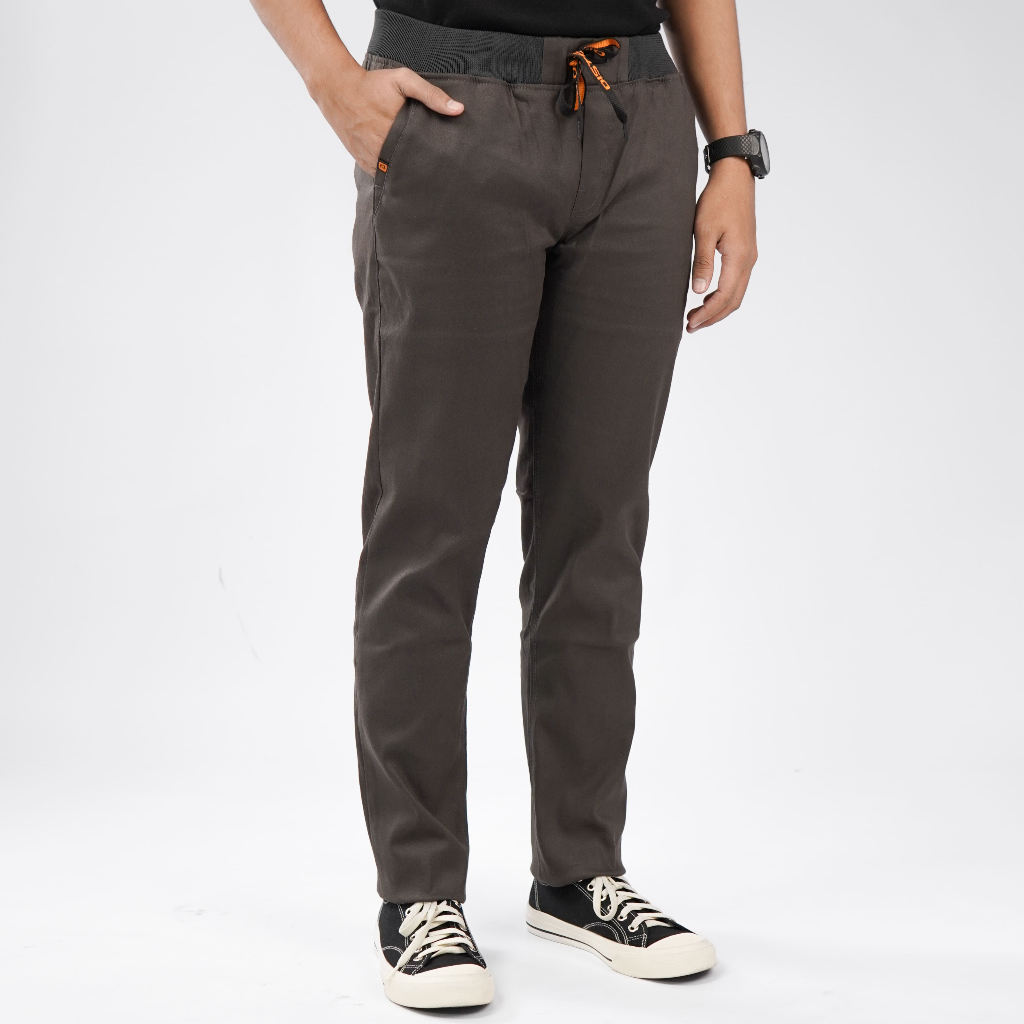 Distroid Celana Chino Rib Panjang Pria Pinggang Karet Premium Hitam Slimfit Cowok Melar Stretch