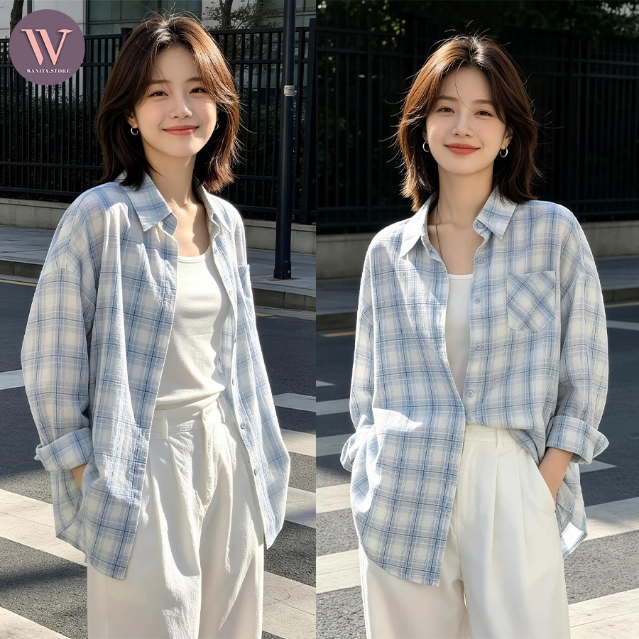Kemeja Wanita Kotak Biru Lengan Panjang Longgar Casual Outer Korean Style