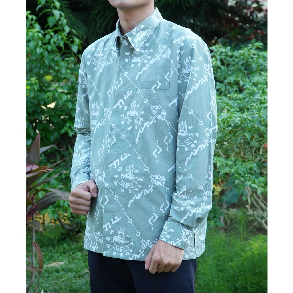 WASTRA AKSARA - Kemeja Batik Lampung Pria - katun - Motif Kopi (Sage)