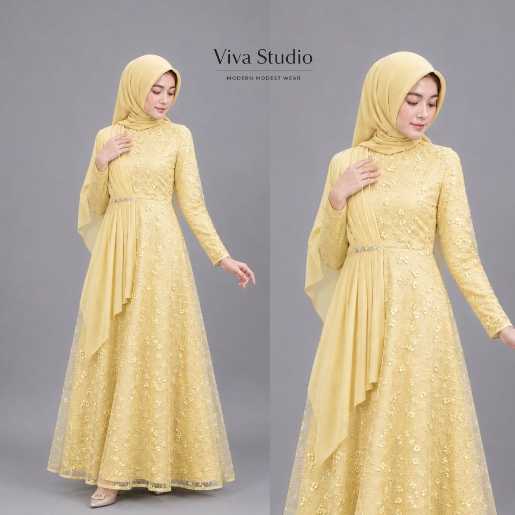 Aleena mAxy Dress Gamis Brokat Tile Wanita Butter Yellow