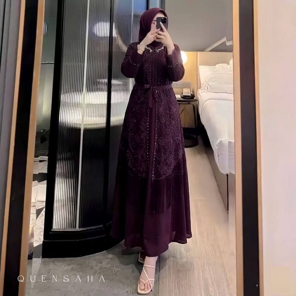 Gamis Wanita Muslimah Satin Velvet Mix Brokat - Nyaman, Model Kekinian, Jahitan Rapi