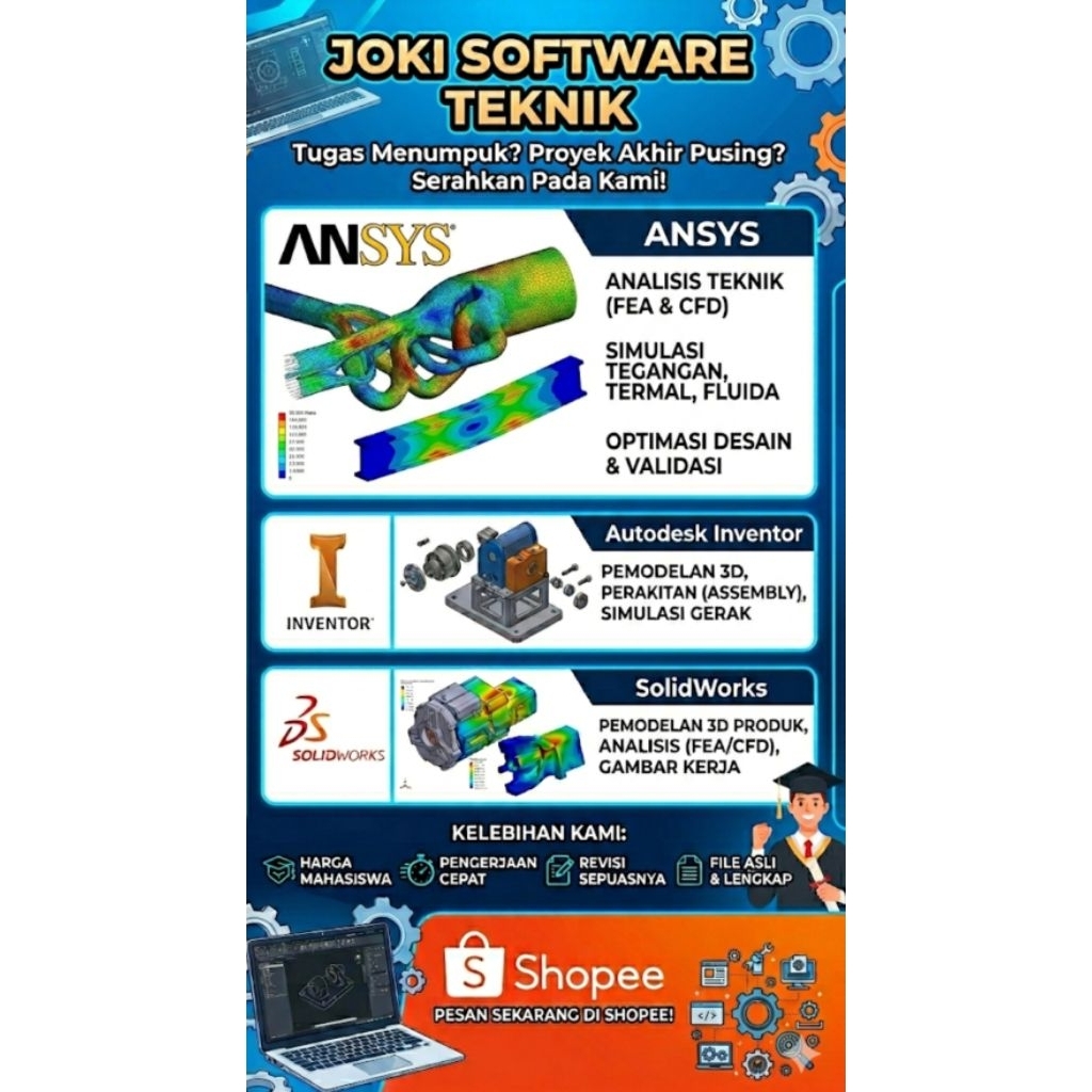 software Ansys, Solidworks, Inventor Design Part, Assembly, dan Analisis