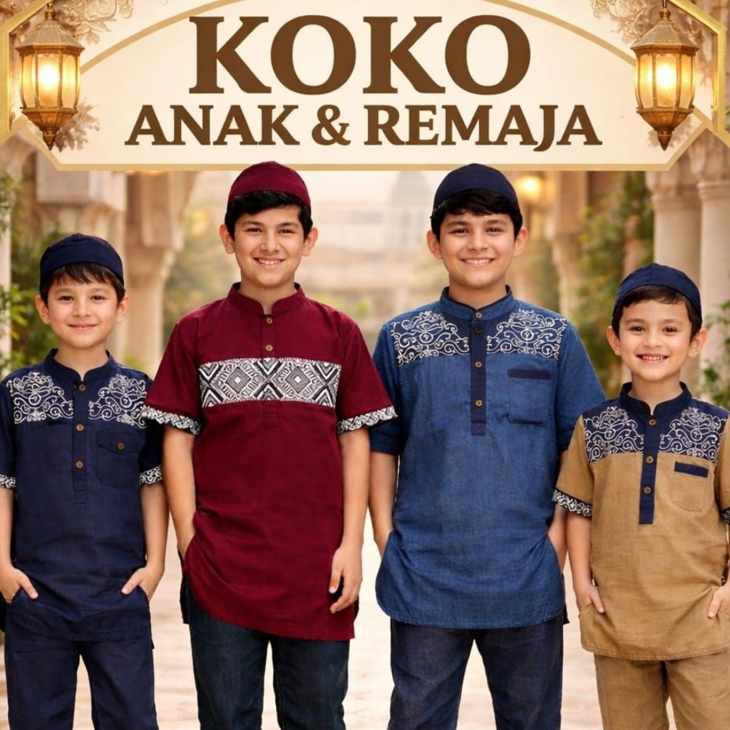 VIZAR Setelan Baju Koko Muslim Anak Laki-Laki – Bahan Katun Denim Adem Tebal Size 4–15 Tahun