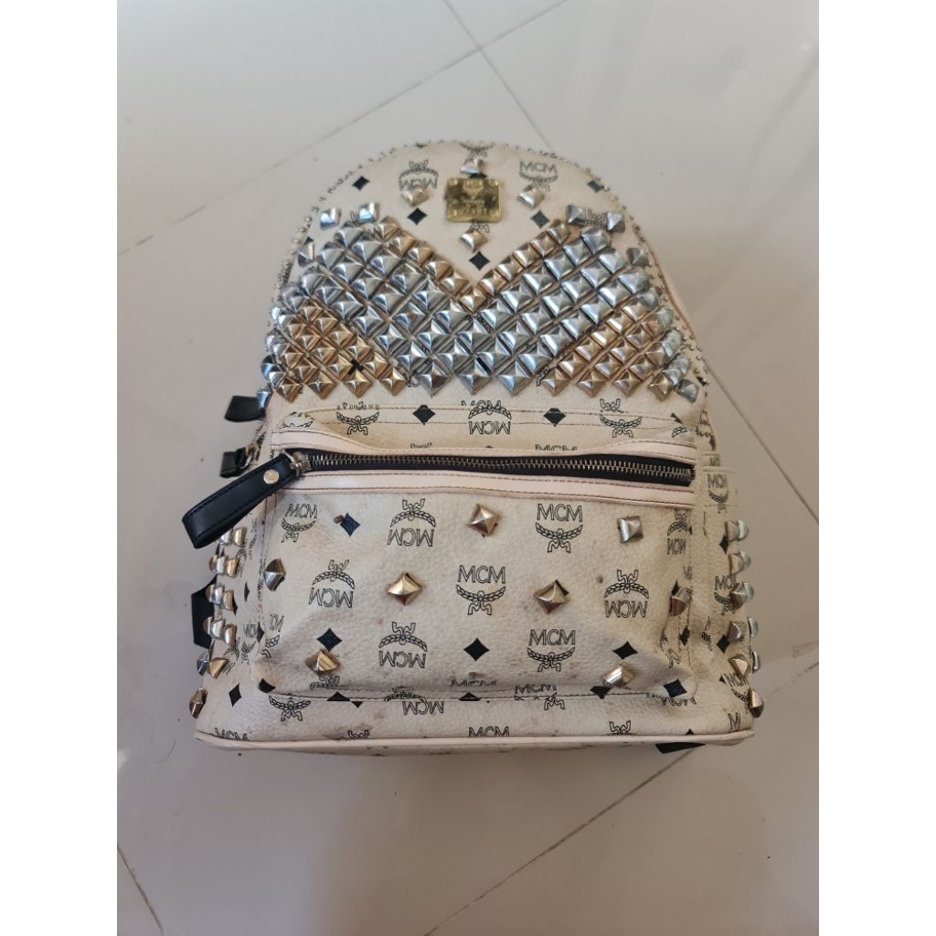 253. MCM Munchen Canvas Leather Backpack Ransel Beige Black Men Pria Preloved Leather Kulit Asli Siz