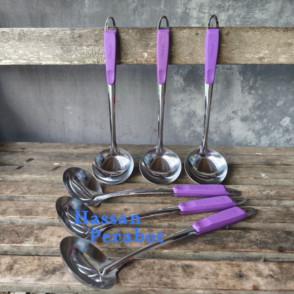 [ 6 pcs ] Irus Stainless Chu Ju Gagang Ungu Sendok Kuah Sayur Ukuran Tanggung