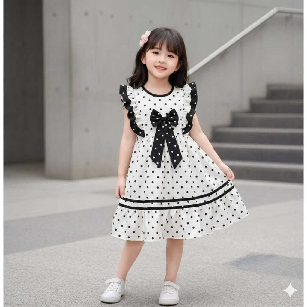 [KOREAN STYLE] Gaun Anak Perempuan Motif Polkadot Pita Cantik /Dres Rempel Anak Cewek Premium Mewah 