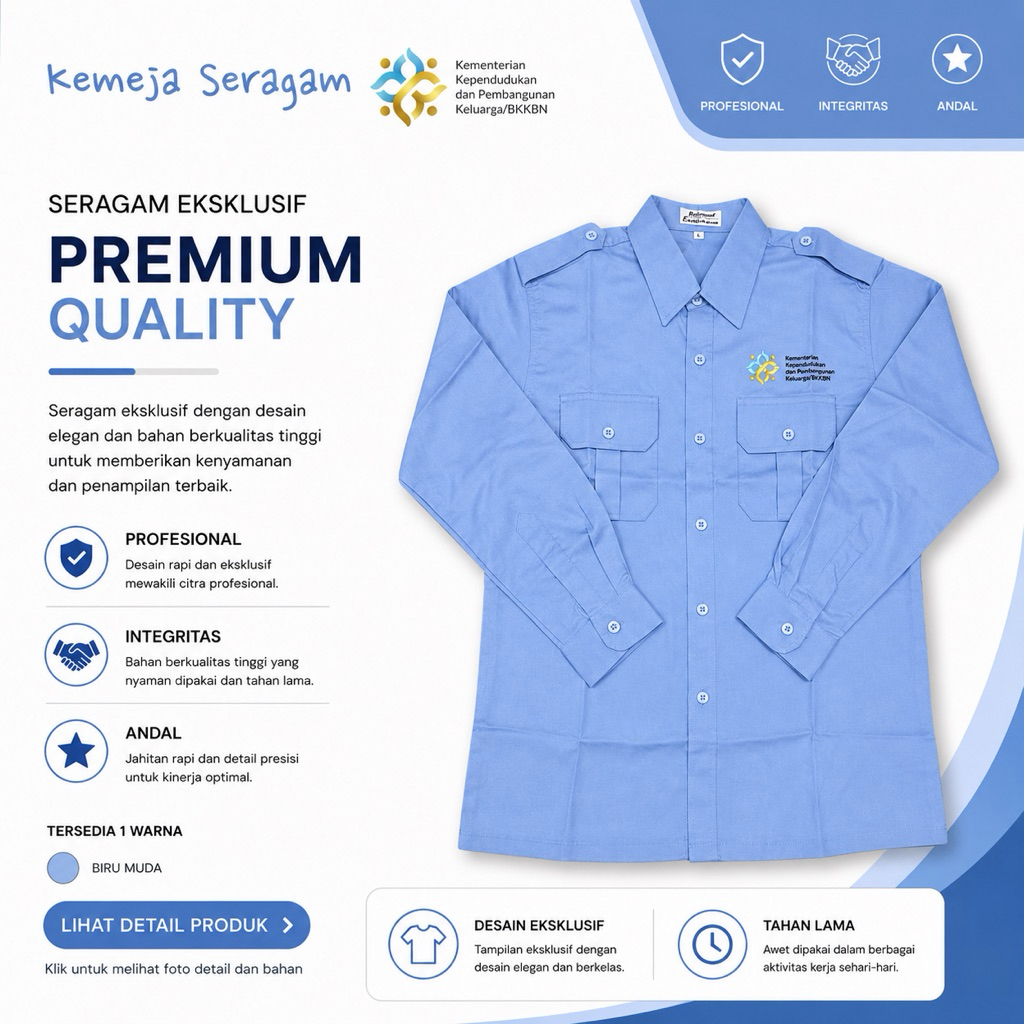 Seragam BKKBN Kemeja KEMENDUKBANGGA/BKKBN 2025 – Model Terbaru | Baju Dinas PDL BKKBN dengan Saku Tu