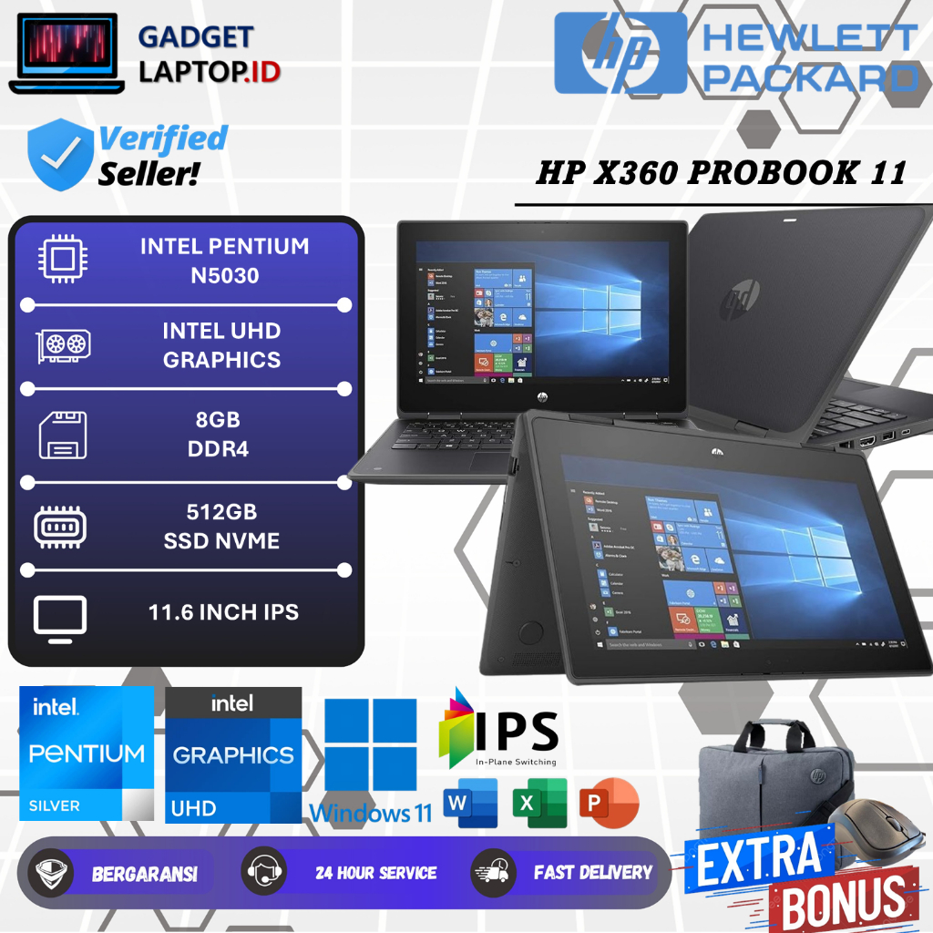 HP ProBook x360 Intel Pentium N5030 RAM 8GB 256GB SSD 11.6 Touchscreen Laptop Windows 11 Profesional