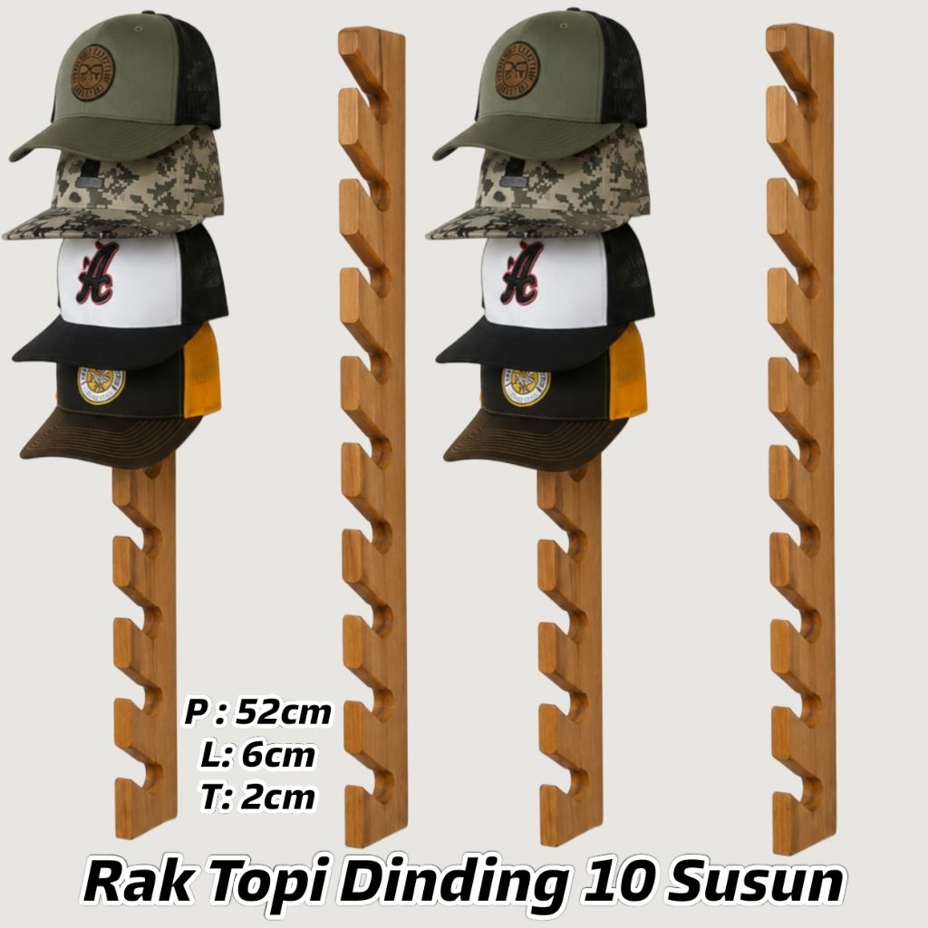 Rak Topi Tempel Dinding 10 kait / Rak Serbaguna / Rak baju / Rak Tas / Rak Celana / Rak Topi Kayu / 