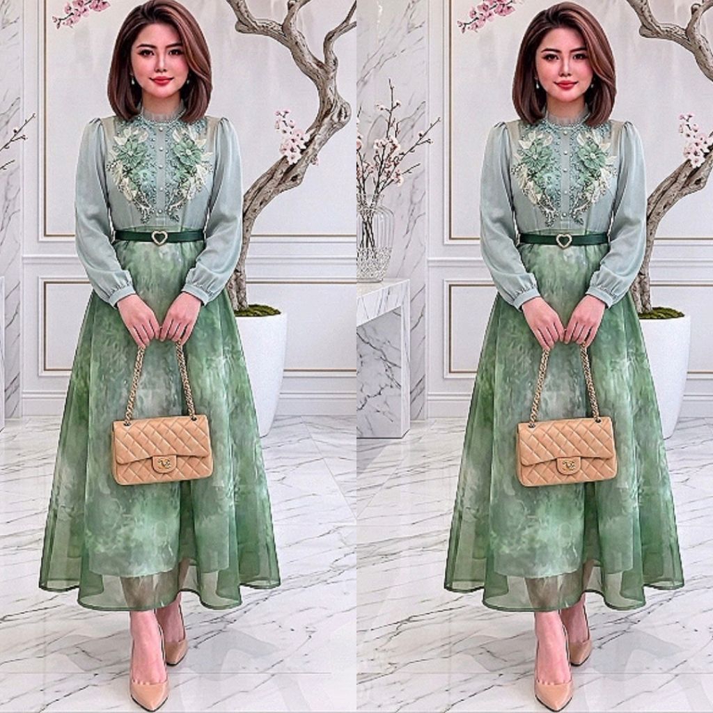 Dress premium 9870 Gold cheries Hijau cantik