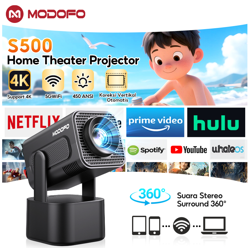 MODOFO Proyektor Android 4k full hd 4K 450 ANSI infocus proyektor mini portable Wifi 6/Bluetooth Dil