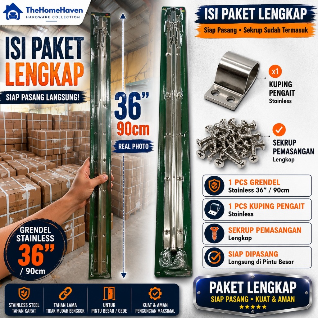 Grendel Stainless 36 Inch 90cm Pintu Besar | Grendel SS Panjang Pintu Gudang Pagar Garasi