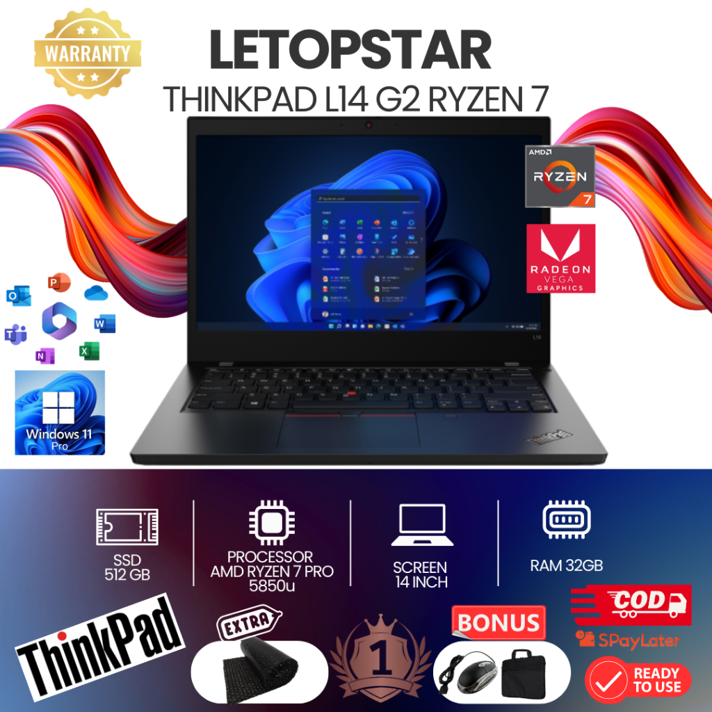 Laptop Lenovo ThinkPad L14 G2 Prosesor AMD RYZEN 7 PRO 5850U Ram 16 Gb Ssd 512 Gb