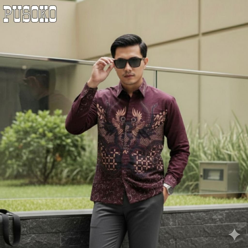 Kemeja batik pria motif pangestu burgundi