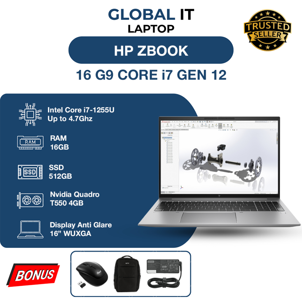 LAPTOP WORKSTATION HP ZBOOK 16 G9 CORE i7 GEN 12 NVIDIA QUADRO T550 4GB RAM 16GB SSD 512GB