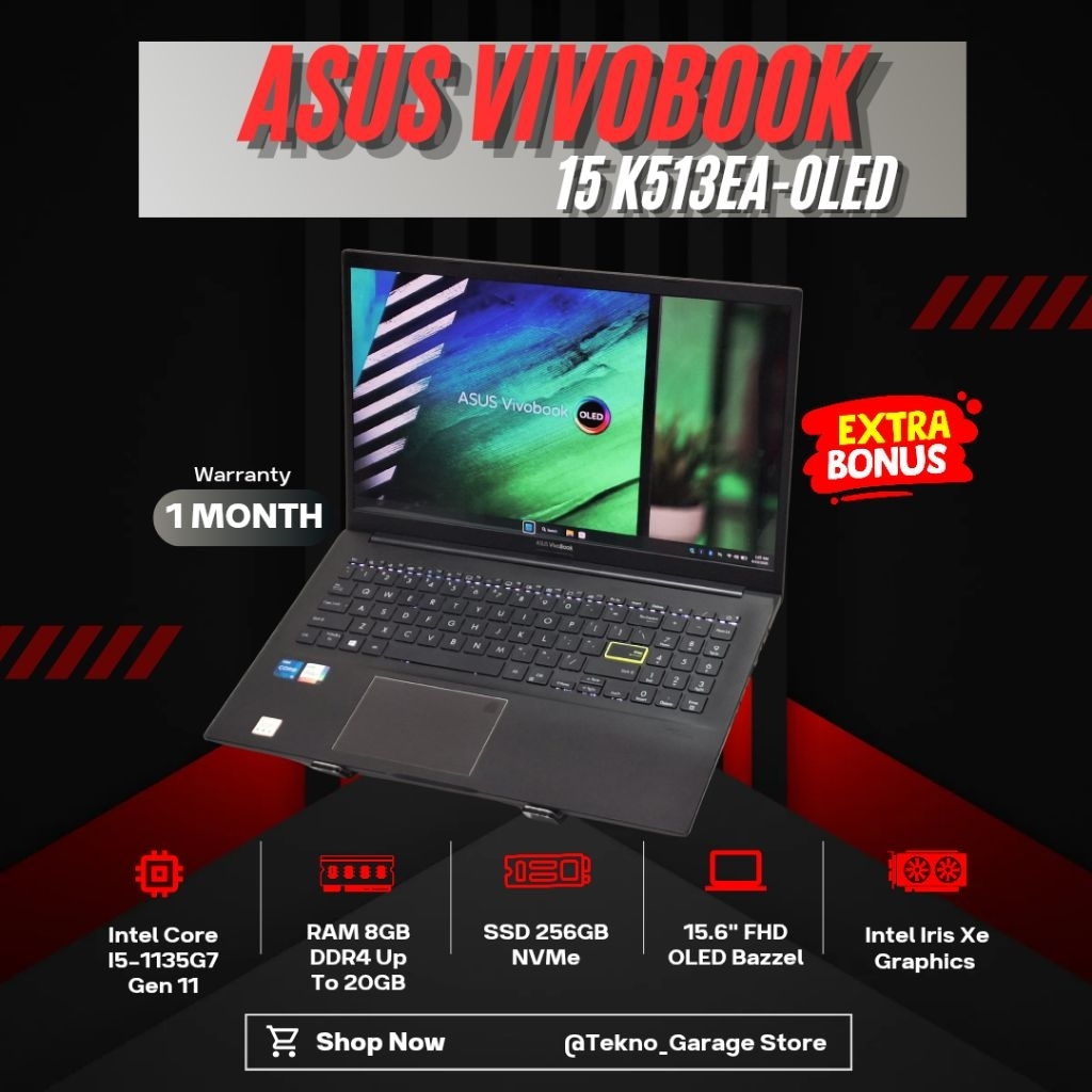 Laptop ASUS VIVOBOOK 15 K513EA CORE I5-1135G7 RAM 8GB SSD 256GB 15.6INCI FHD OLED BAZZEL FULLSET