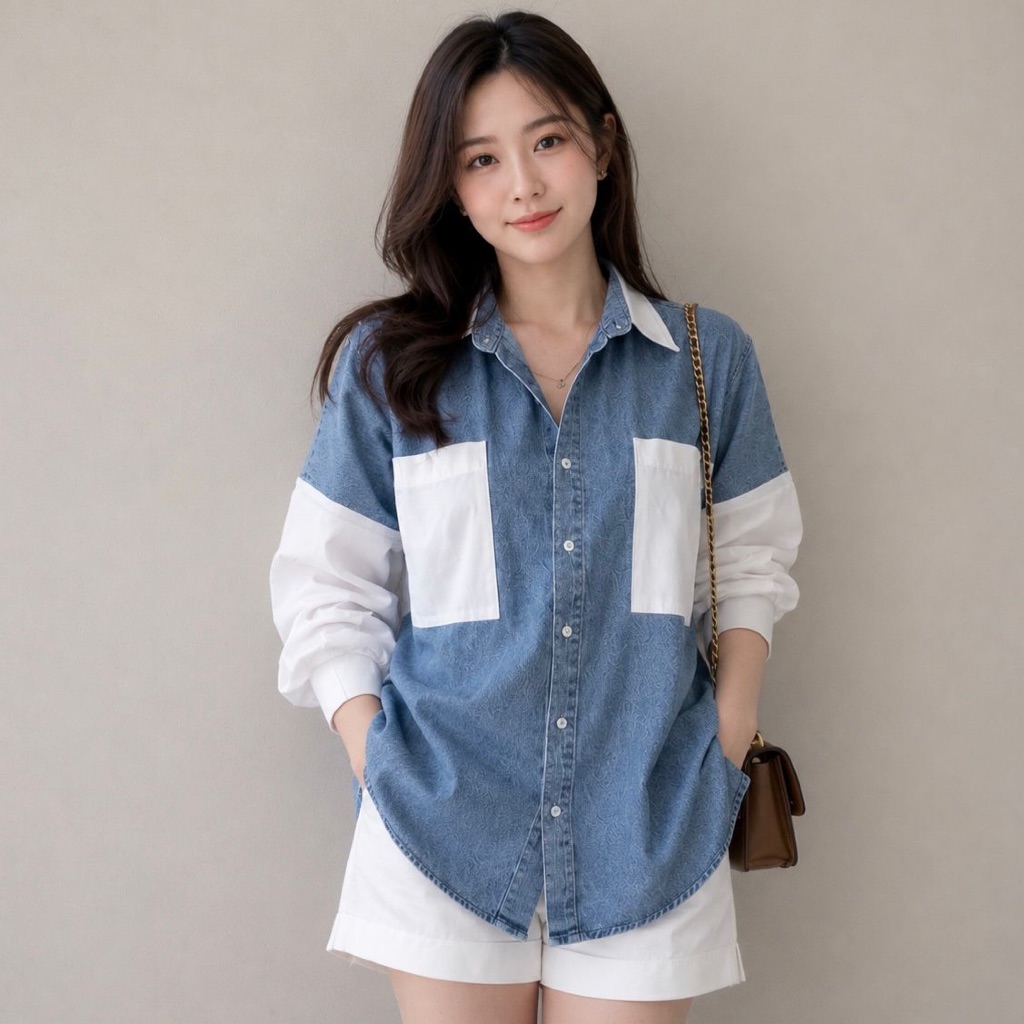 Lissomegirl - Echa Kemeja Wanita Jeans Soft Denim Kombinasi Cotton Poplin Lengan Panjang