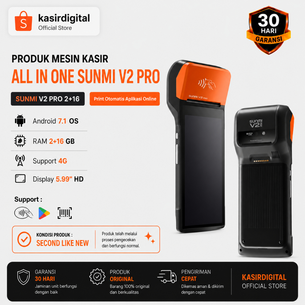 Mesin Kasir Android Sunmi V2PRO 4G NFC Scanner Playstore - Second Like New