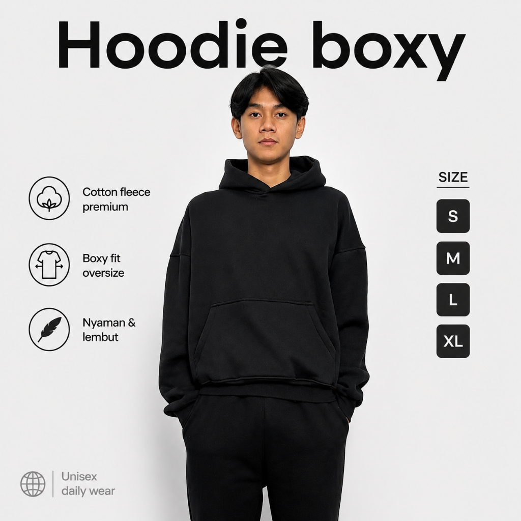 ERFOLGREICH - Hoodie Boxy Oversize Hitam Pria Wanita Cotton Fleece Tebal 300 330 GSM Boxy Fit Polos 