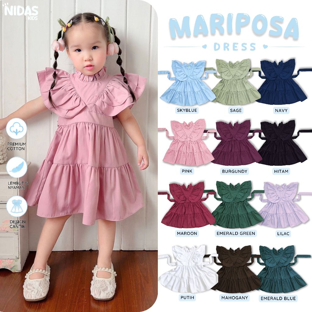 Nidas Kids - Mariposa Dress Pesta Anak Katun Lengan Pendek Rample Premium Mini dress Tunik Usia 1 2 