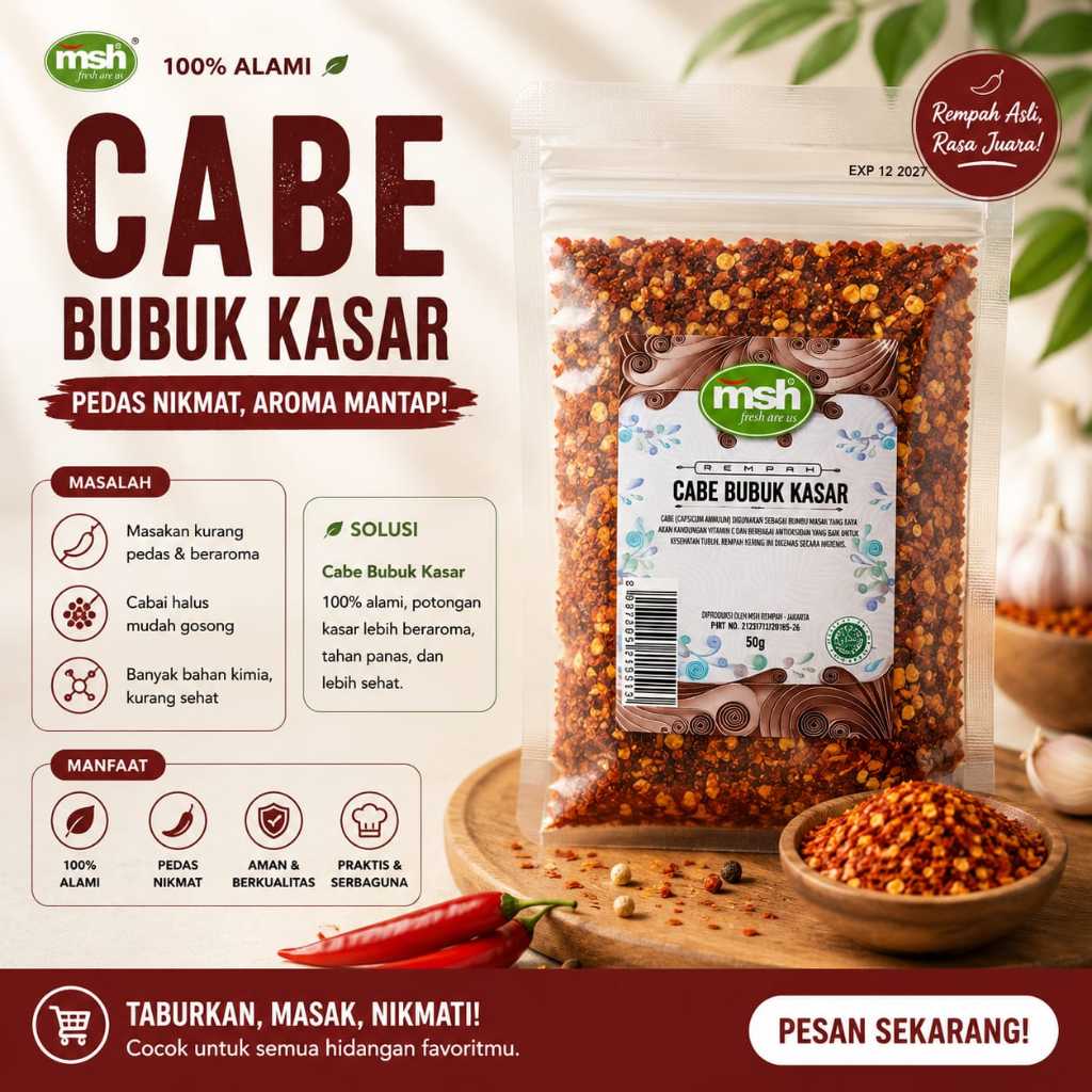 MSH Cabe Bubuk Kasar 50 g , Cabe Bubuk Kasar Premium , Cabe Bubuk Kasar Murni , Cabai Bubuk Kasar Pe