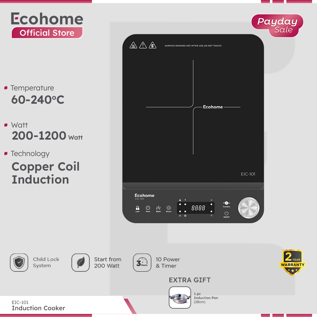 ECOHOME Induction Cooker EIC101 Kompor Induksi Low Watt with Durable Crystal Glass Screen