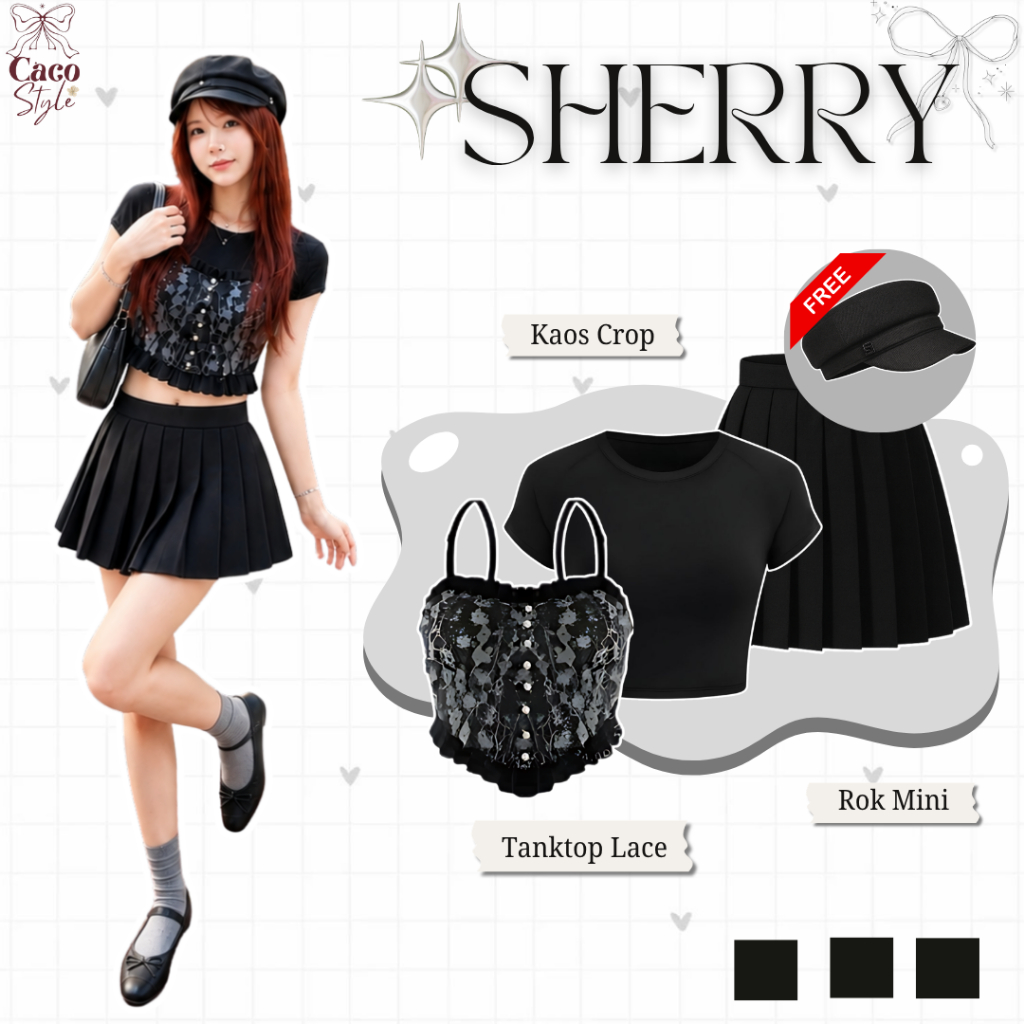 SHERRY One Set 4In1 Outfit Wanita Y2K Korean Style | Kaos Crop + Tanktop + Topi + Rok Mini | CO261