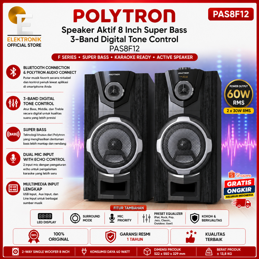 Polytron PAS8F12 Speaker Aktif 8 Inch Super Bass 3-Band Digital Tone Control F Series Active Speaker