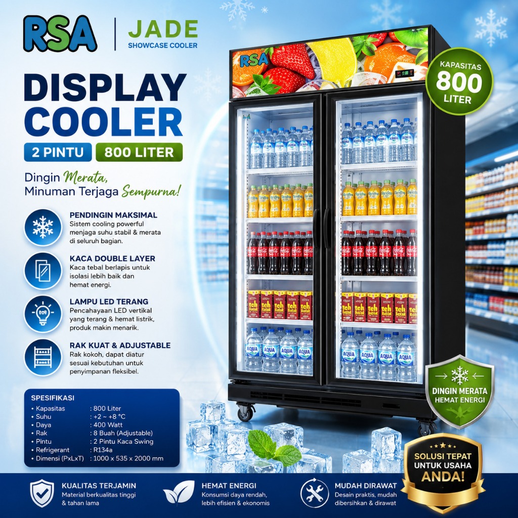 RSA SHOWCASE MINUMAN 2 PINTU / DISPLAY COOLER RSA JADE 800 LITER