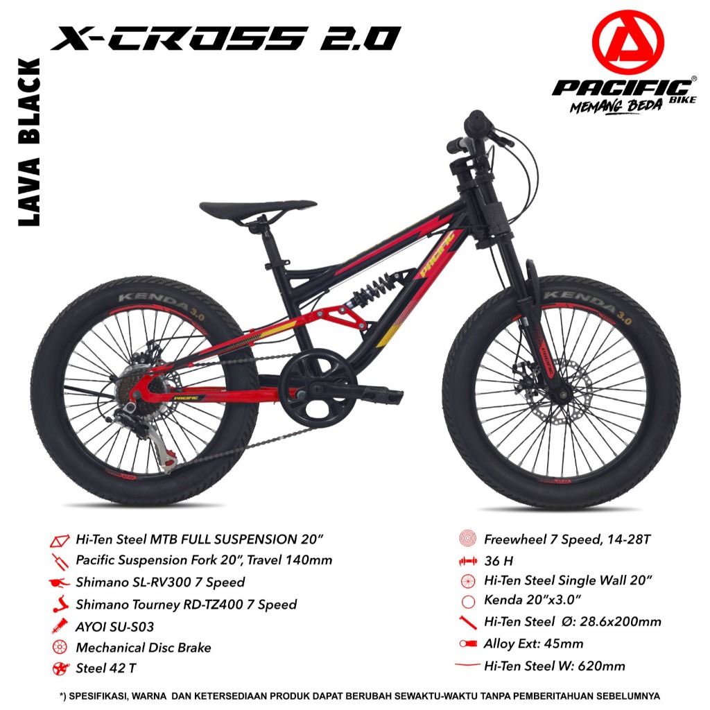 Sepeda Anak MTB 20 Pacific Xcross Suspensi Per Rem Disc Depan Belakang