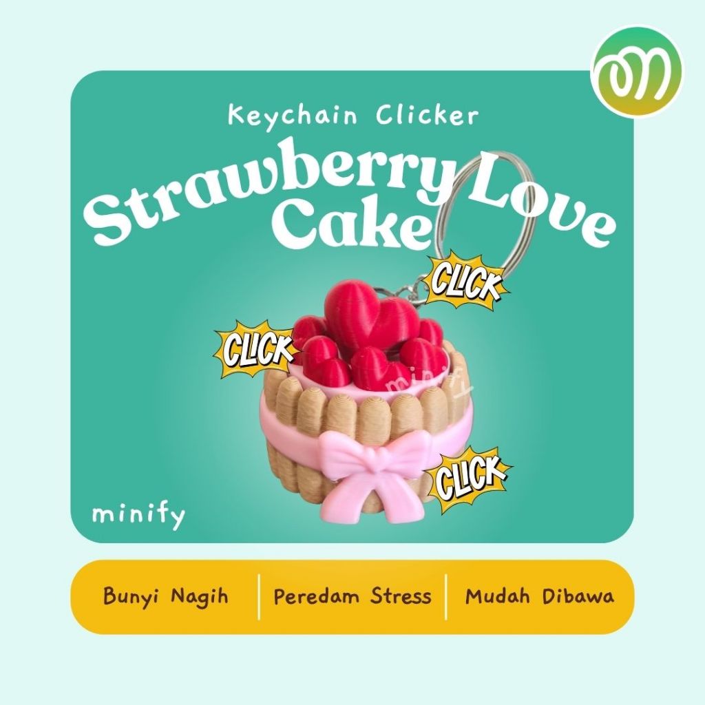 Keychain Fidget Clicker - Strawberry Love Cake | Gantungan Kunci Kue Strawberry Valentine Cinta Hati