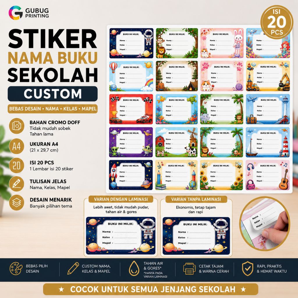 Stiker Nama Buku Sekolah Custom Full Color kiss cut | Cromo Doff | Isi 20
