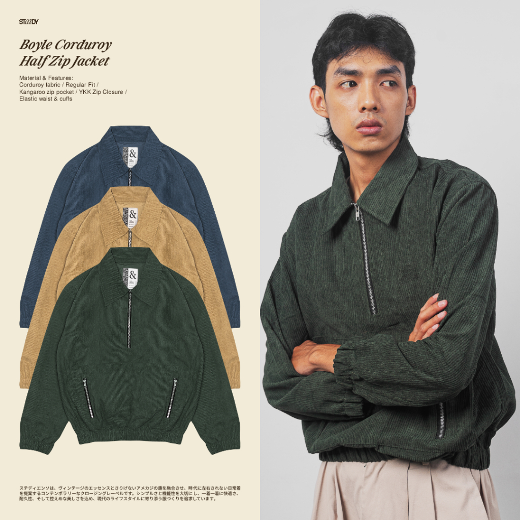 Steady&Slow - Boyle Corduroy Half Zip Jacket Army Green | Pullover Jacket | Corduroy Jacket | Vintag